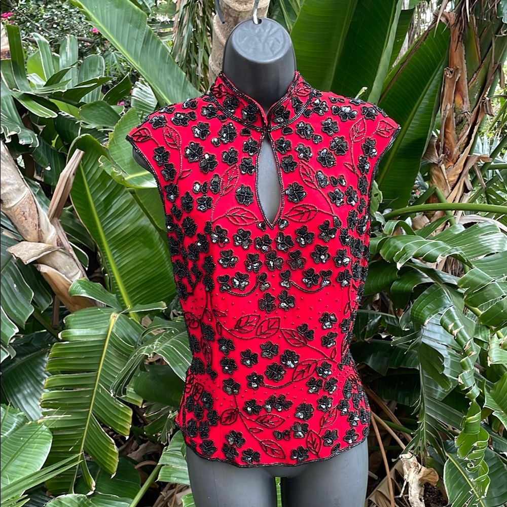 Sean collection beaded silk floral top with peplum